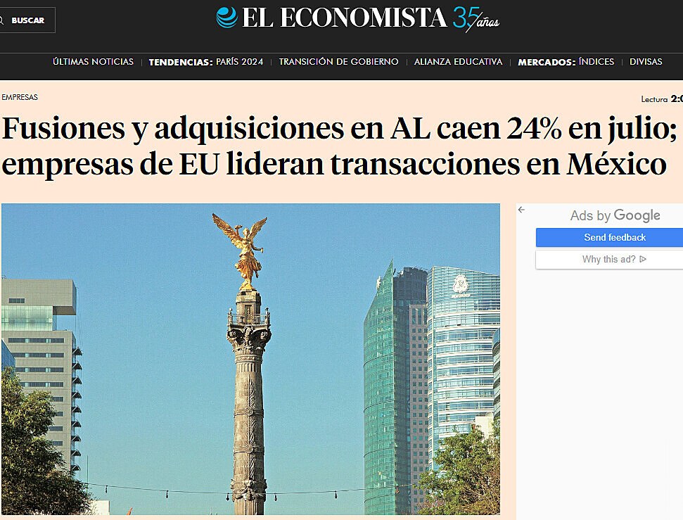 Fusiones y adquisiciones en AL caen 24% en julio; empresas de EU lideran transacciones en Mxico